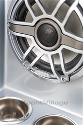 Close-up of a speaker and cup holders on a 2024 VanDutch 40 yacht.