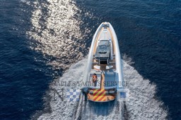 2020 Magazzu MX 13 Gran Coupè cruising on open water, aerial view.