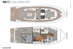 Blueprint of 2022 Bluegame BG 42 yacht, featuring main and lower deck layouts.